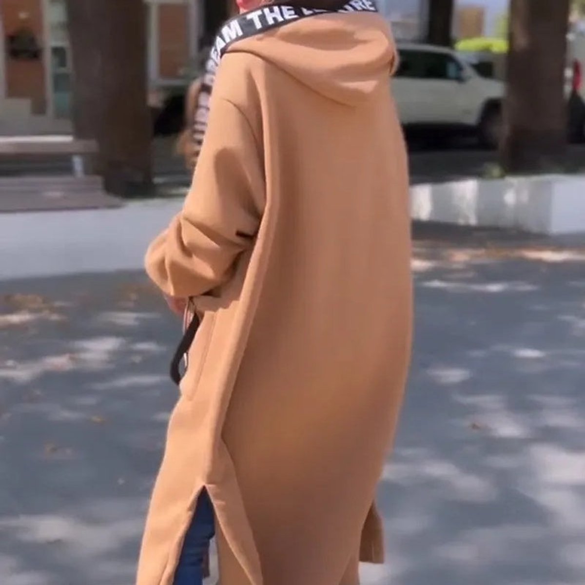 Women's Below-Knee Hooded Zip Overcoat in Oversized Fit