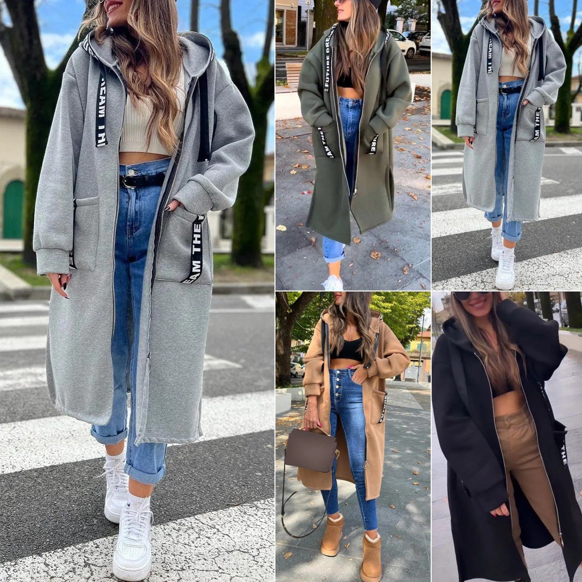 Women's Below-Knee Hooded Zip Overcoat in Oversized Fit