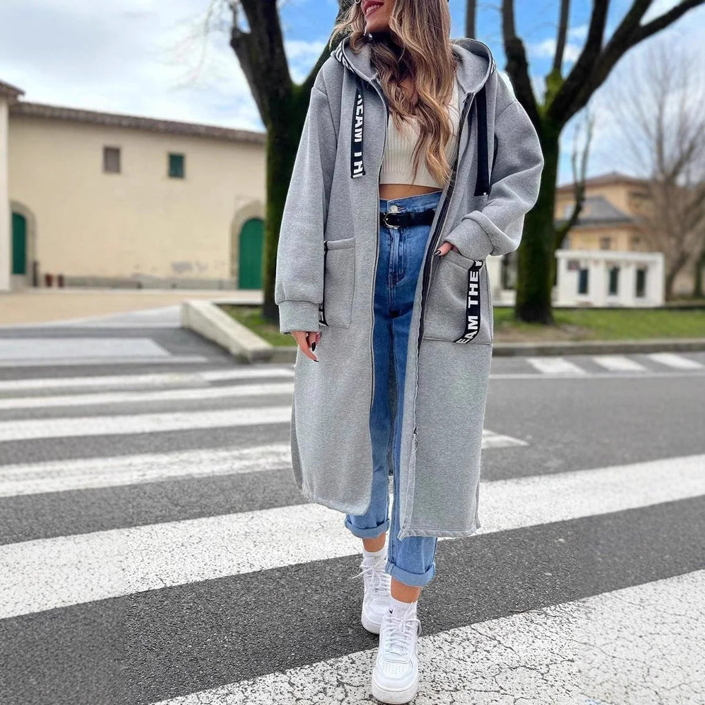 Women's Below-Knee Hooded Zip Overcoat in Oversized Fit