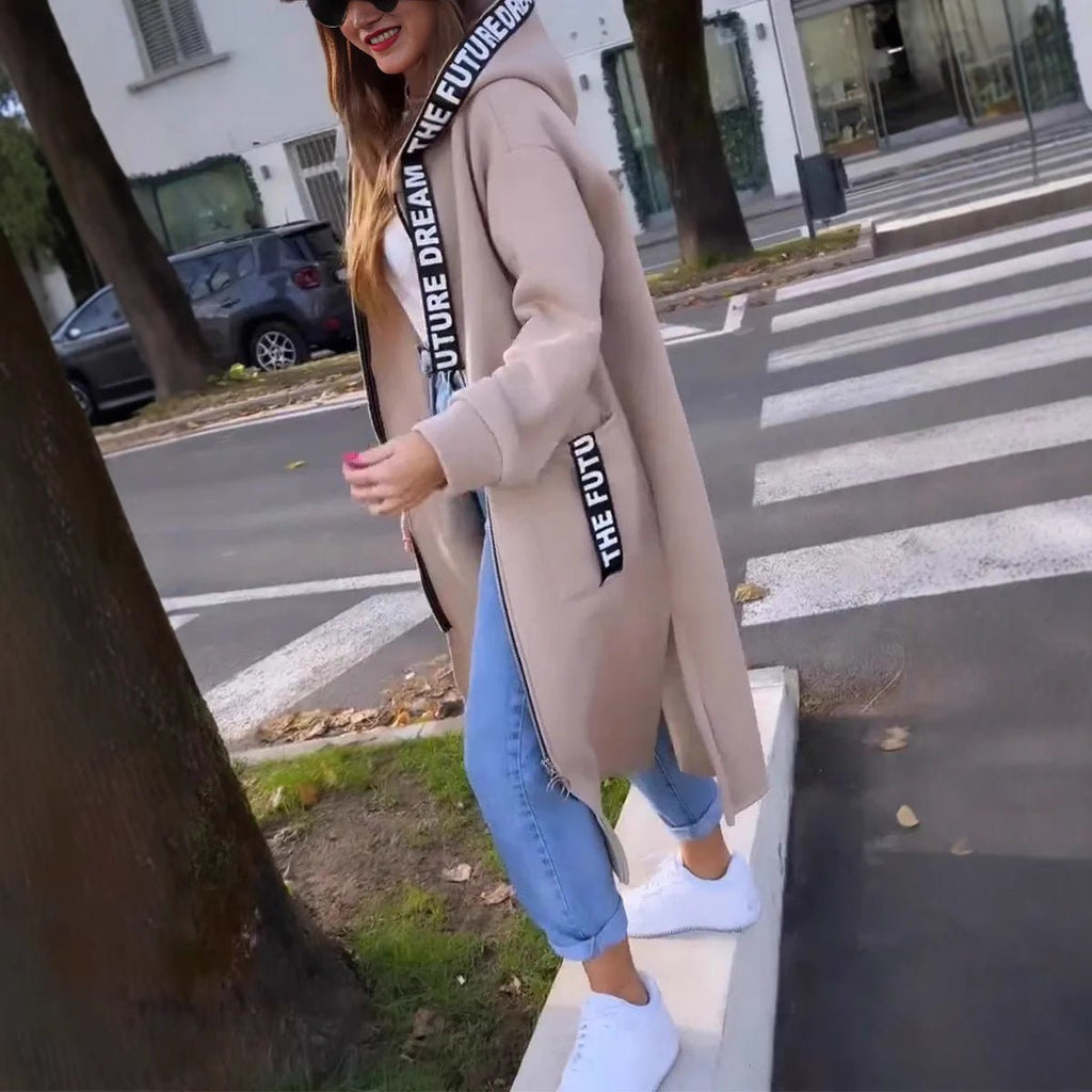 Women's Below-Knee Hooded Zip Overcoat in Oversized Fit