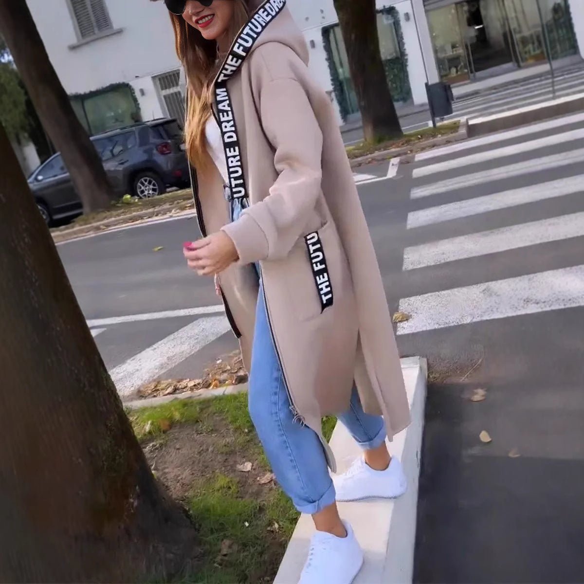 Women's Below-Knee Hooded Zip Overcoat in Oversized Fit