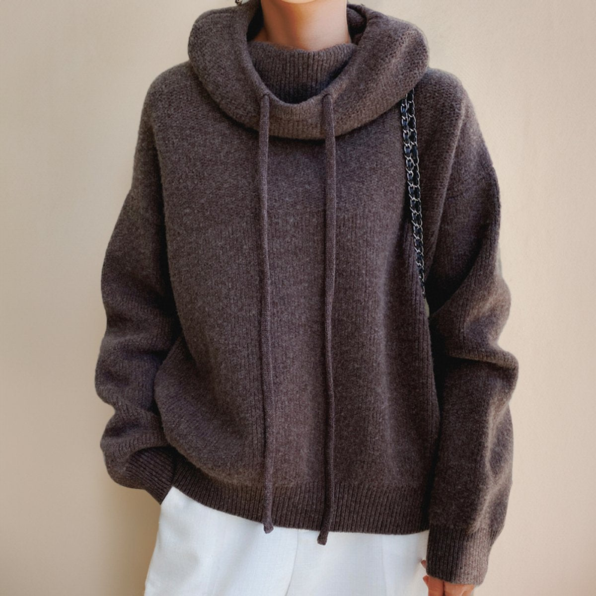 Women's Hooded Merino Wool Oversized Turtleneck Pullover