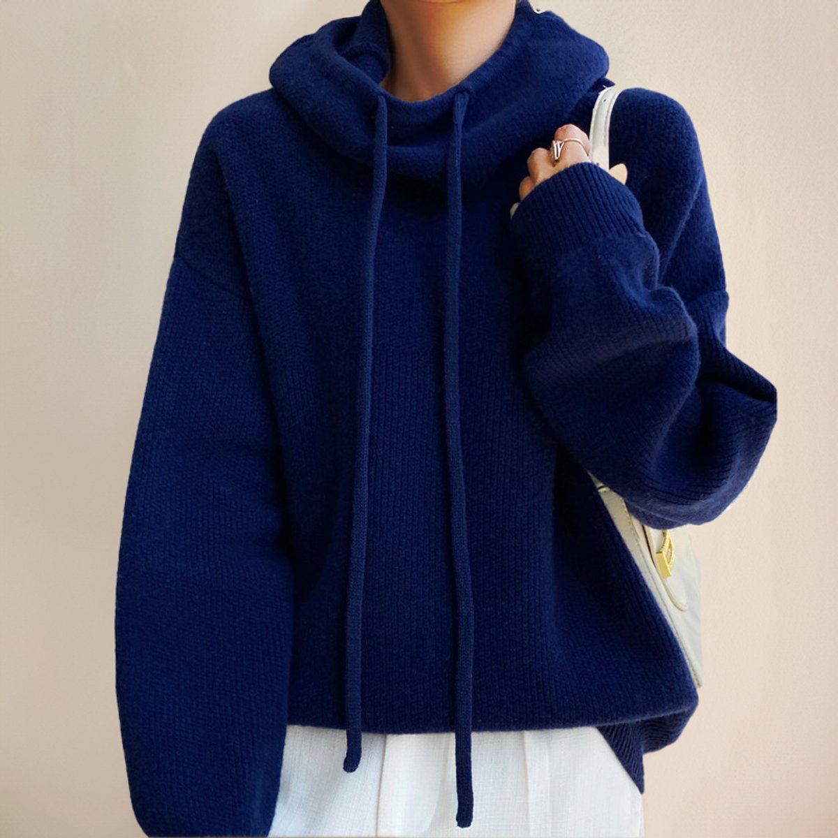 Women's Hooded Merino Wool Oversized Turtleneck Pullover