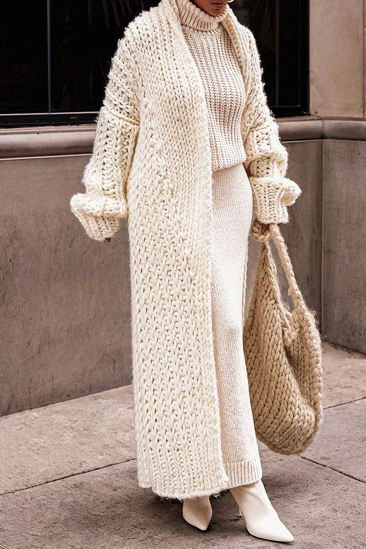 Women's Chunky Openwork Knit Longline Open-Front Cardigan Coat