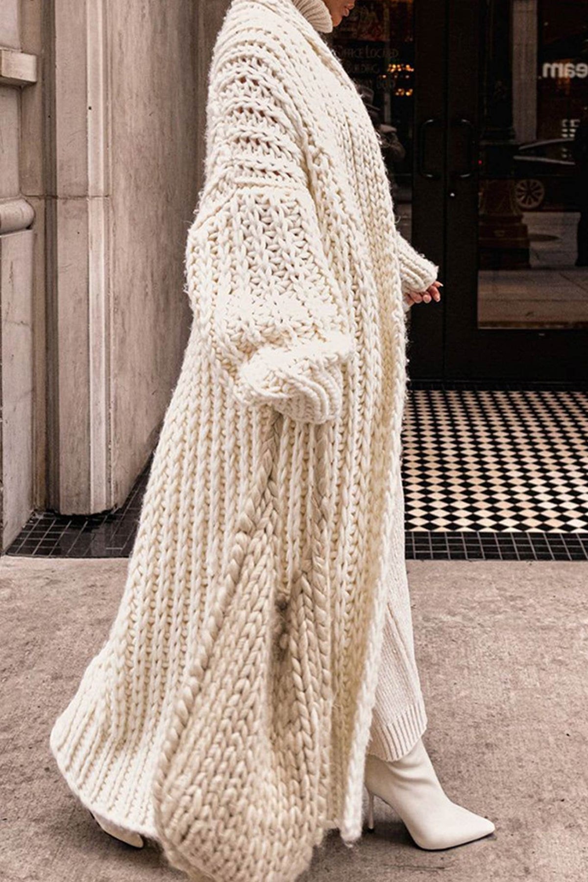 Women's Chunky Openwork Knit Longline Open-Front Cardigan Coat