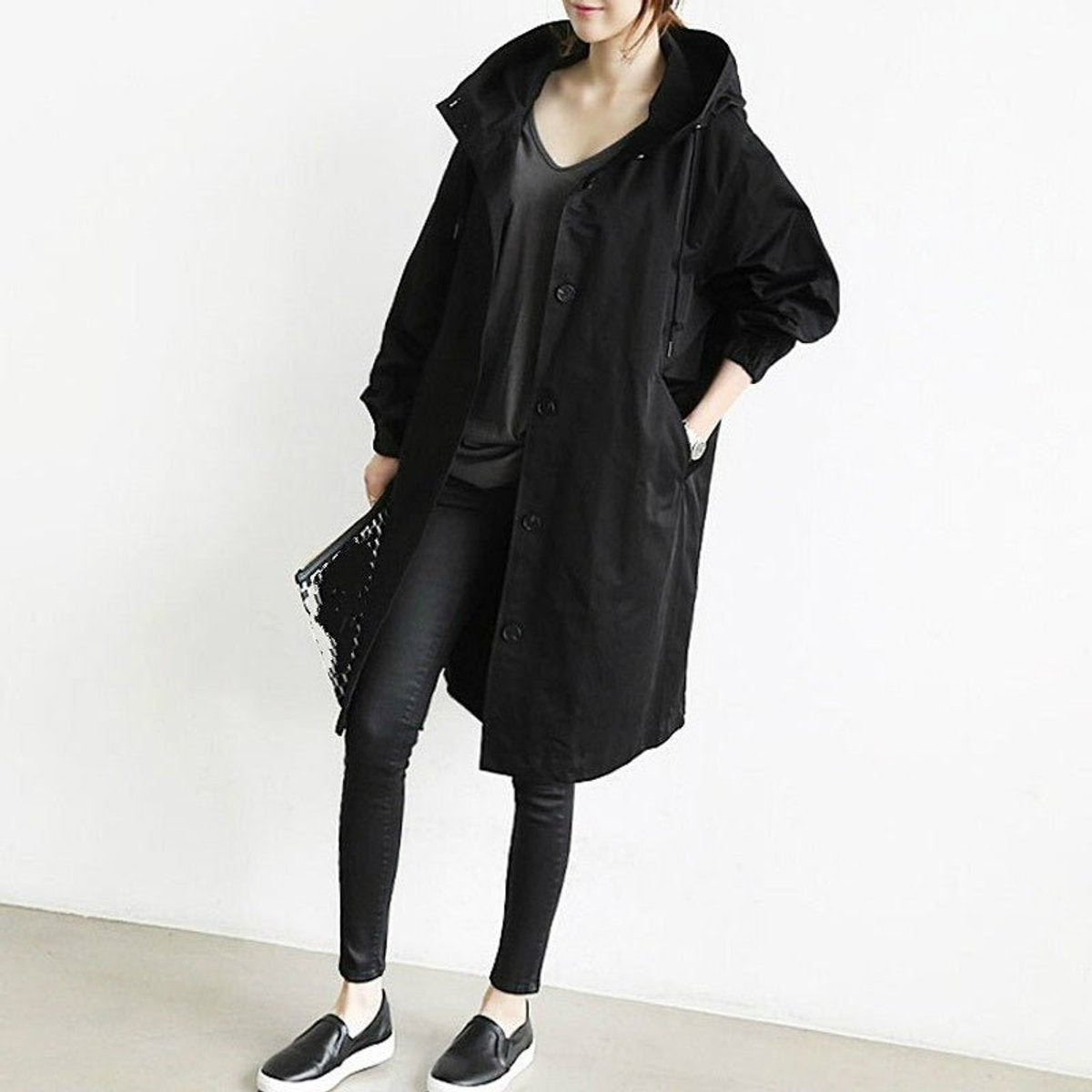 Women's Knee-Length Water-Resistant Stand Collar Trench Overcoat