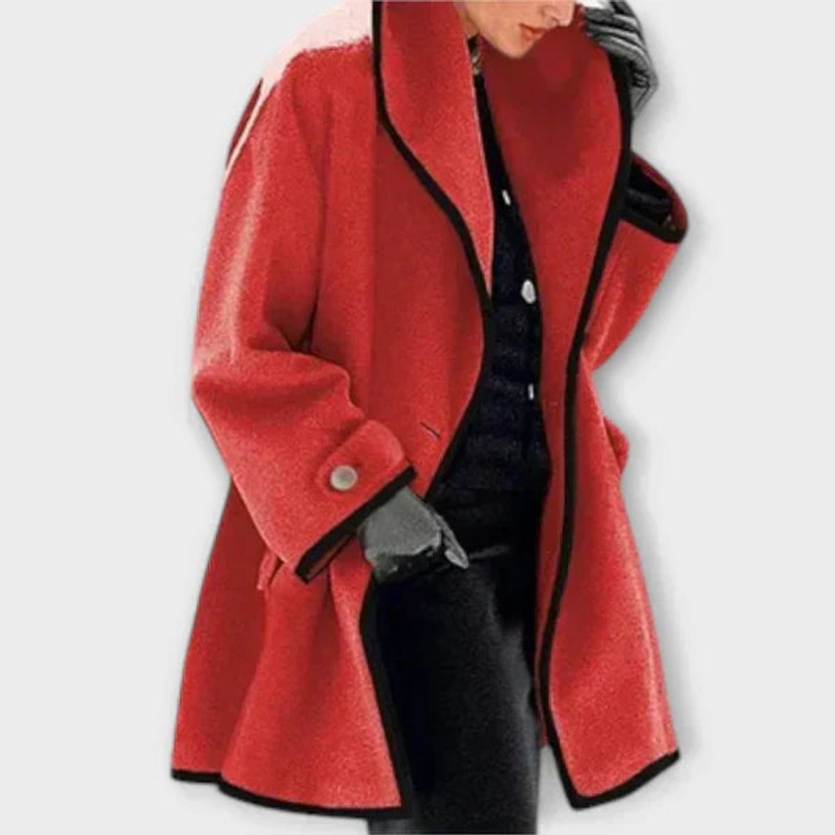 Women's Swing Silhouette Wool-Blend Overcoat with Contrast Trim