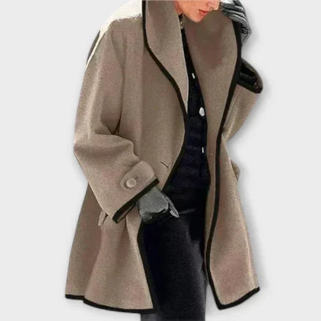 Women's Swing Silhouette Wool-Blend Overcoat with Contrast Trim