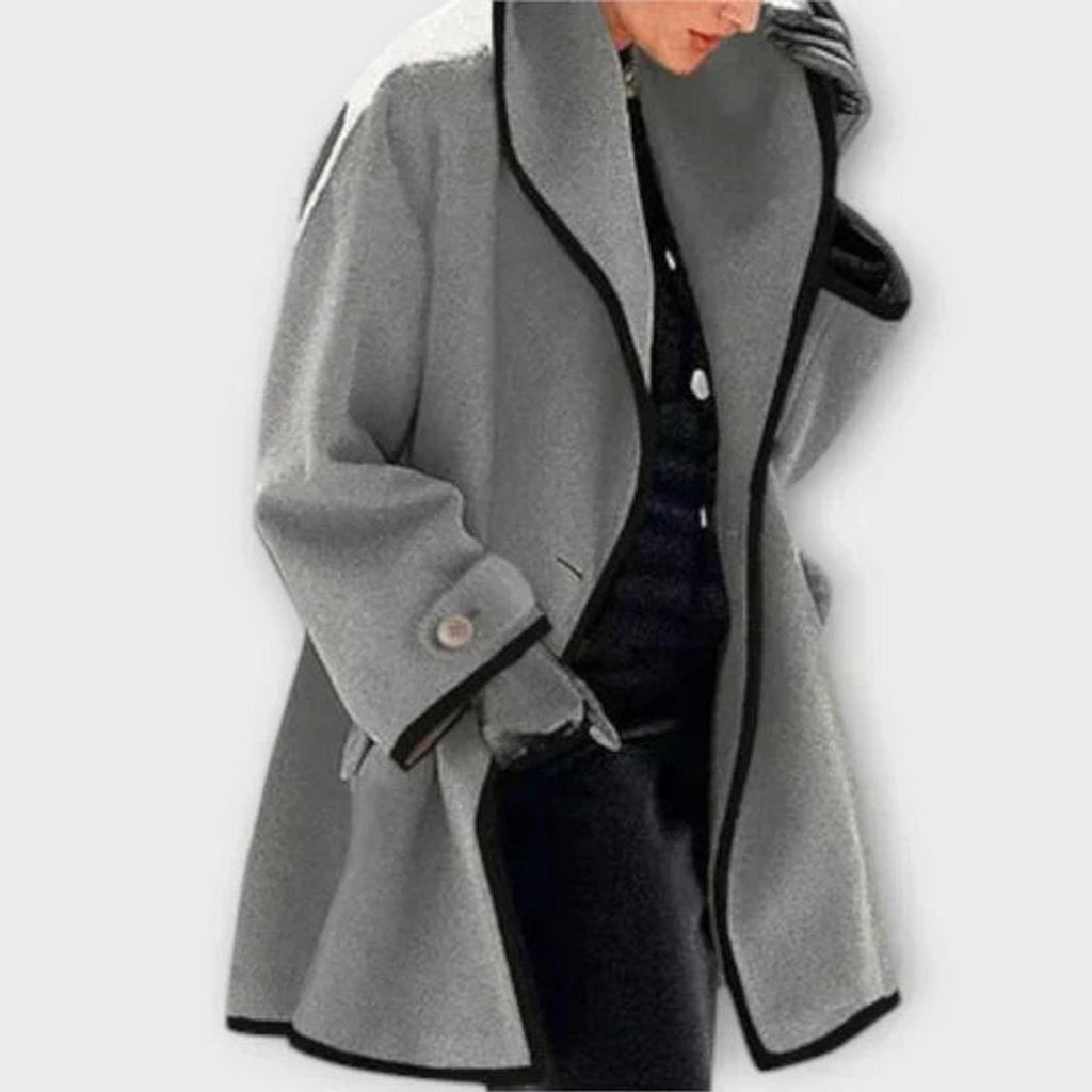 Women's Swing Silhouette Wool-Blend Overcoat with Contrast Trim