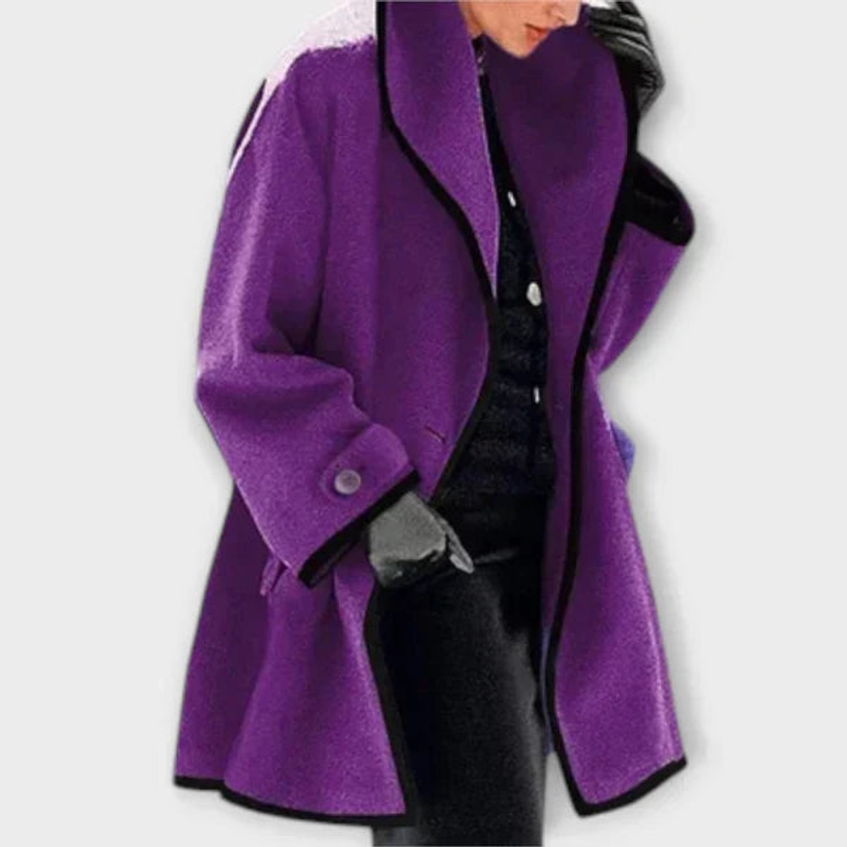 Women's Swing Silhouette Wool-Blend Overcoat with Contrast Trim