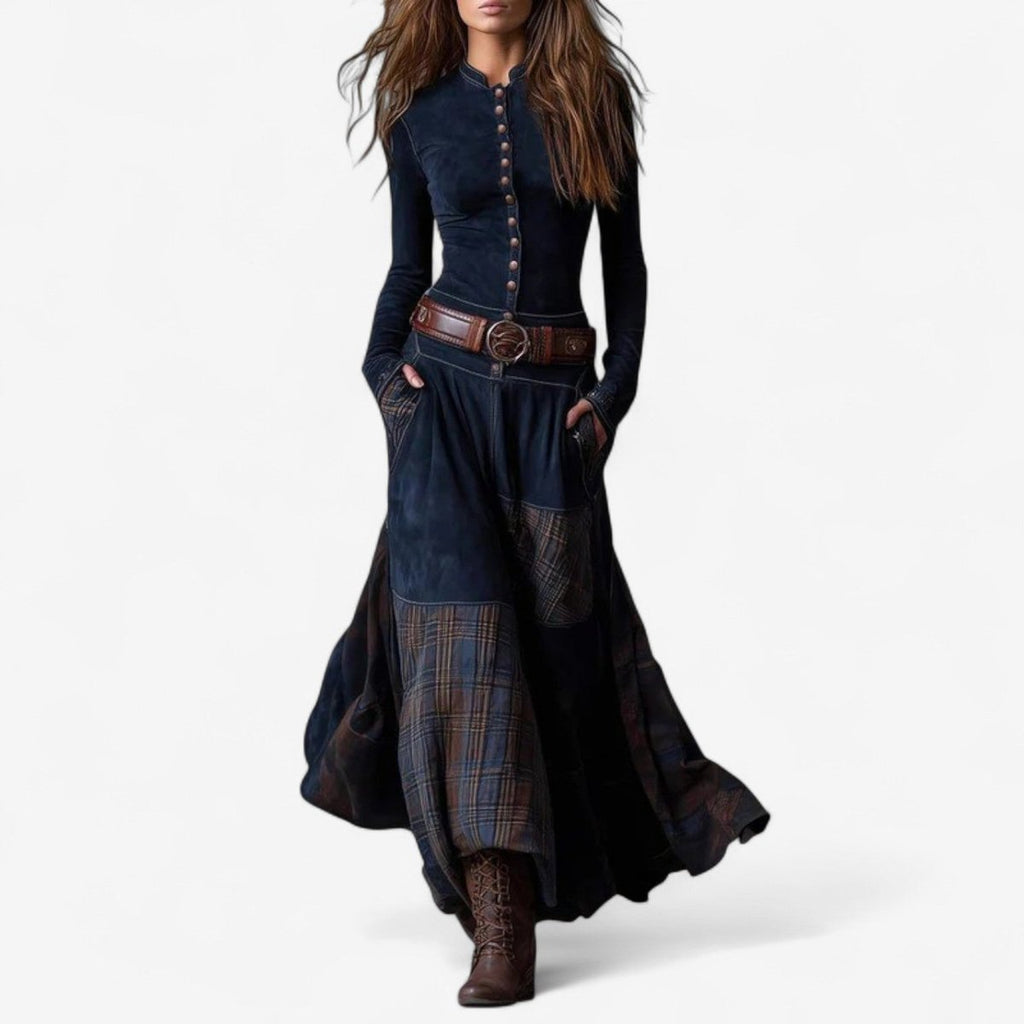 Women's Fitted Bodice Plaid Panel Skirt Maxi Dress