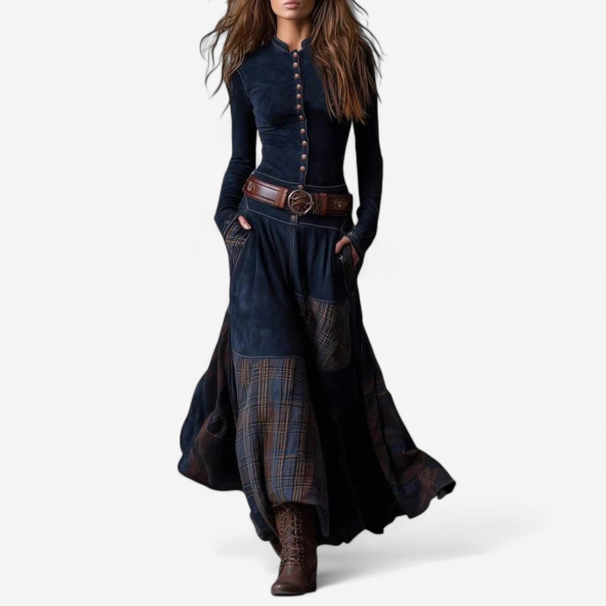 Women's Fitted Bodice Plaid Panel Skirt Maxi Dress