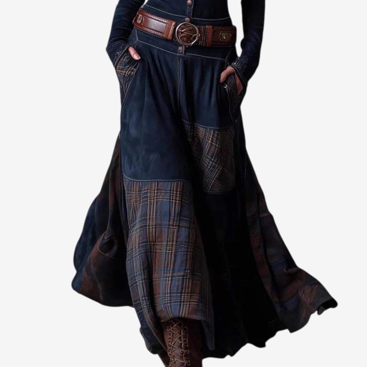 Women's Fitted Bodice Plaid Panel Skirt Maxi Dress