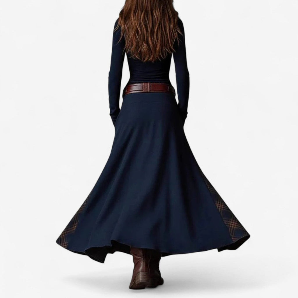 Women's Fitted Bodice Plaid Panel Skirt Maxi Dress