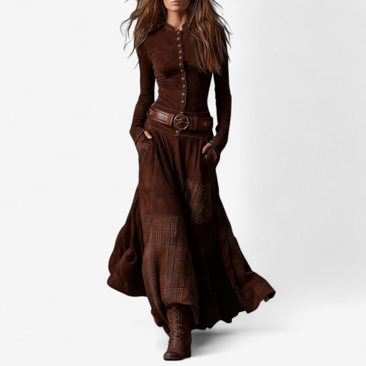 Women's Fitted Bodice Plaid Panel Skirt Maxi Dress