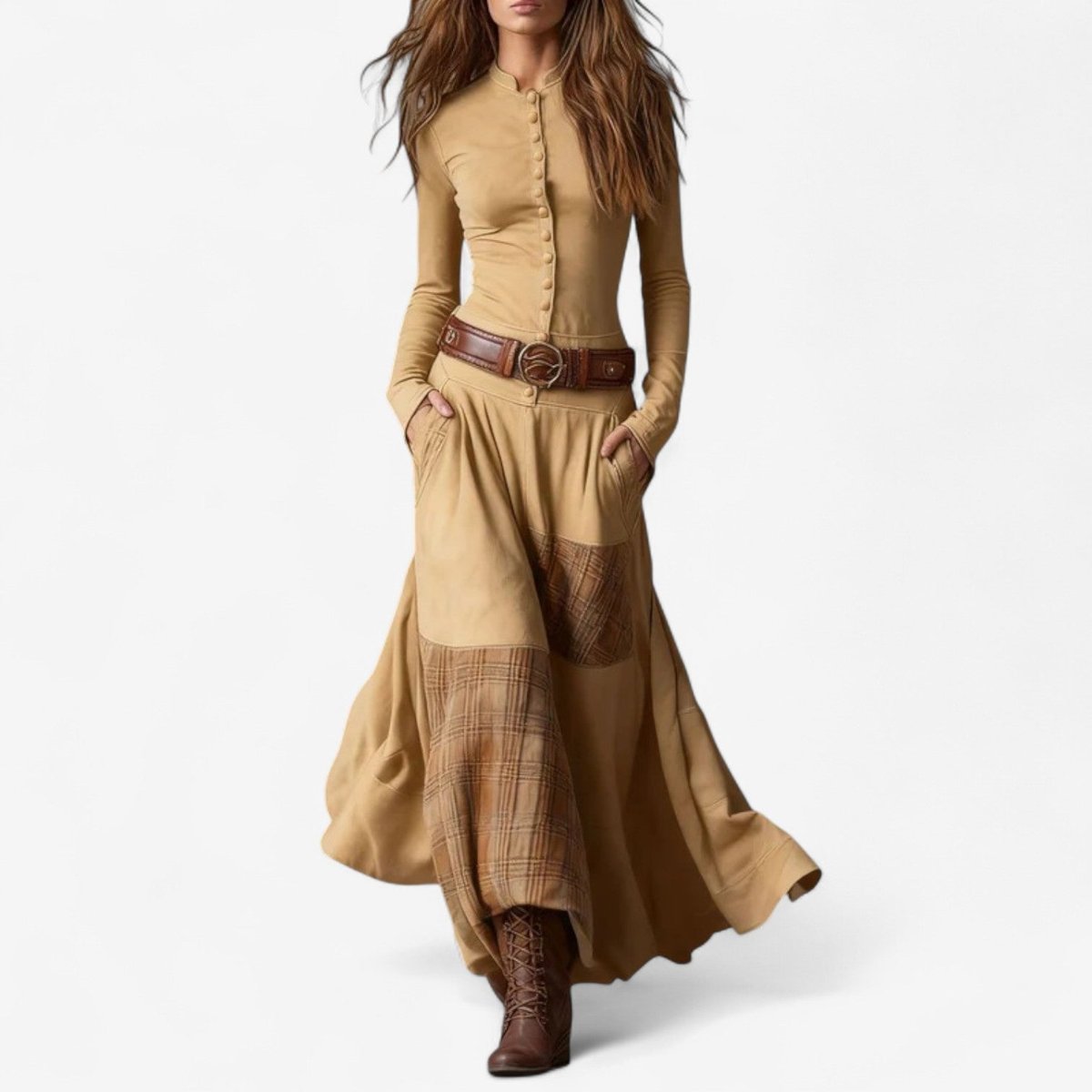 Women's Fitted Bodice Plaid Panel Skirt Maxi Dress