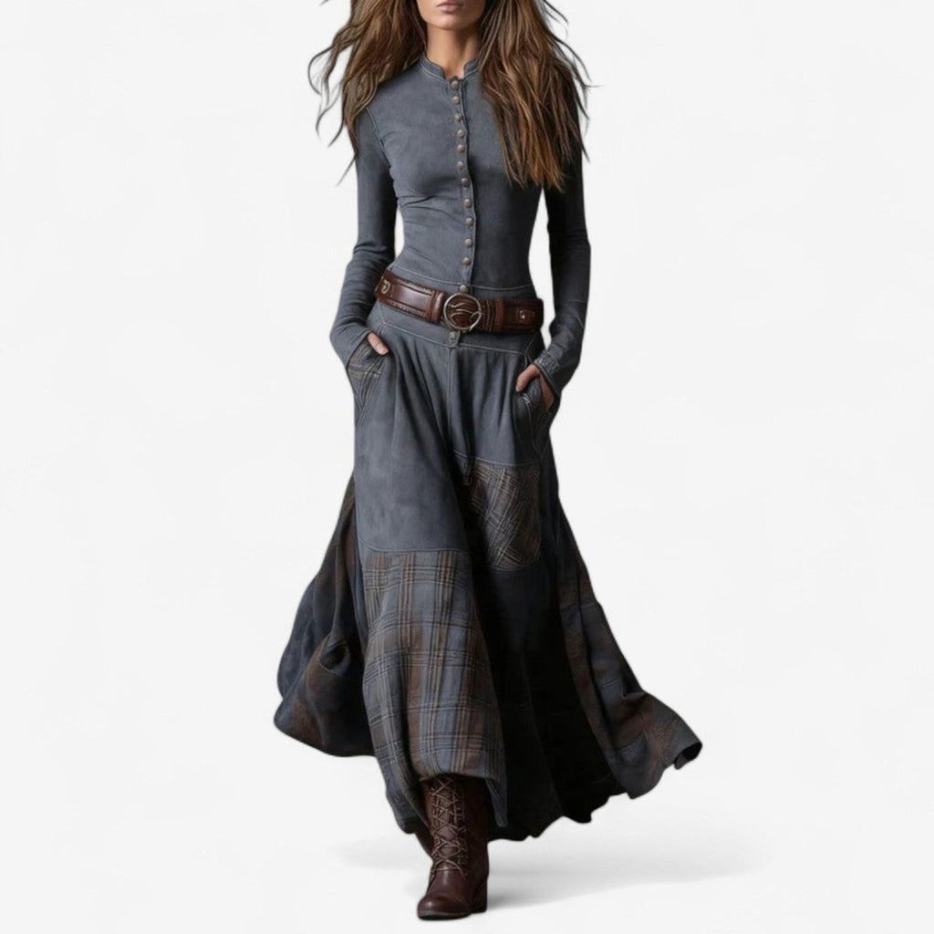 Women's Fitted Bodice Plaid Panel Skirt Maxi Dress