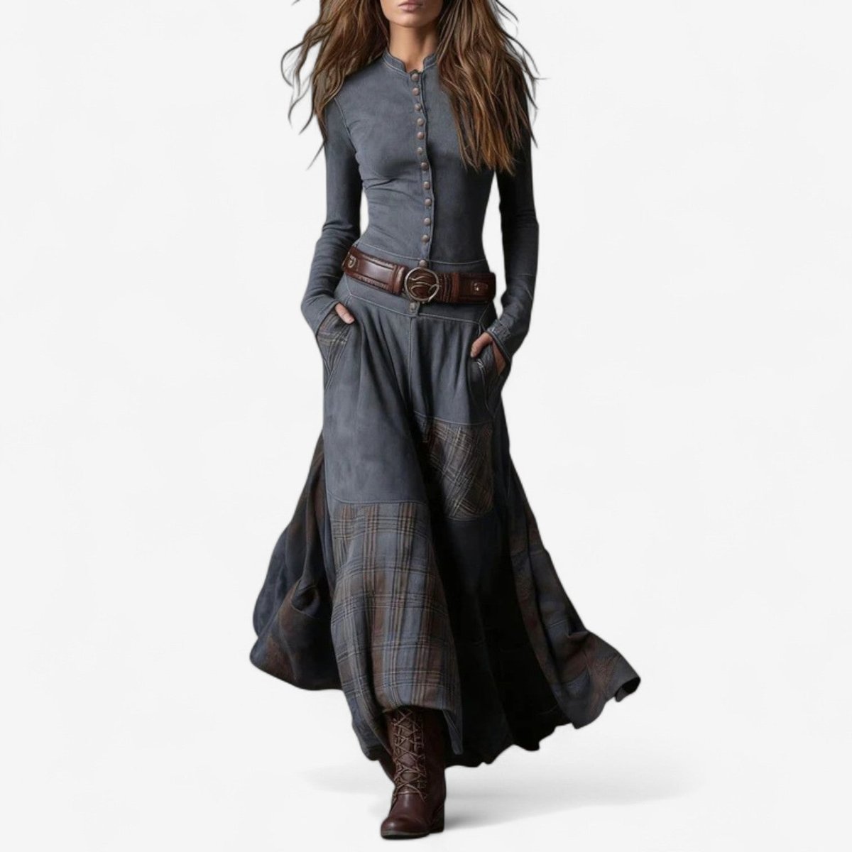 Women's Fitted Bodice Plaid Panel Skirt Maxi Dress