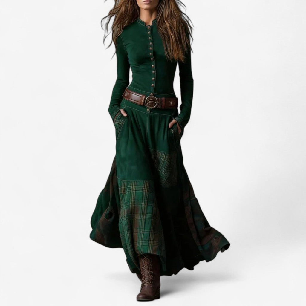 Women's Fitted Bodice Plaid Panel Skirt Maxi Dress