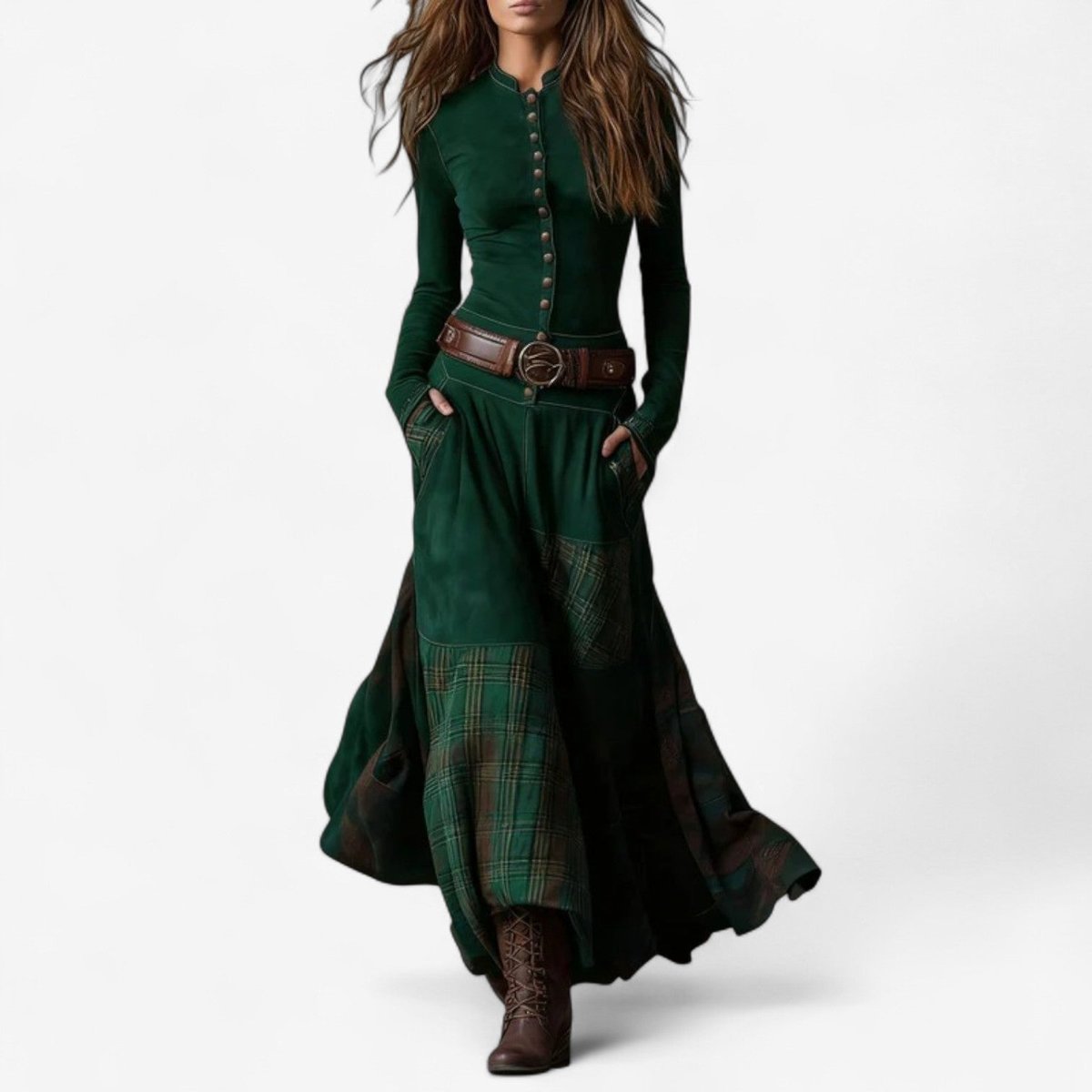 Women's Fitted Bodice Plaid Panel Skirt Maxi Dress
