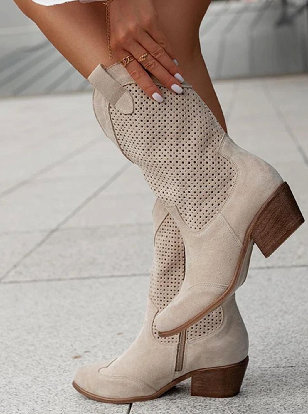 Women's Pointed Toe Perforated Suede Cowgirl Boots