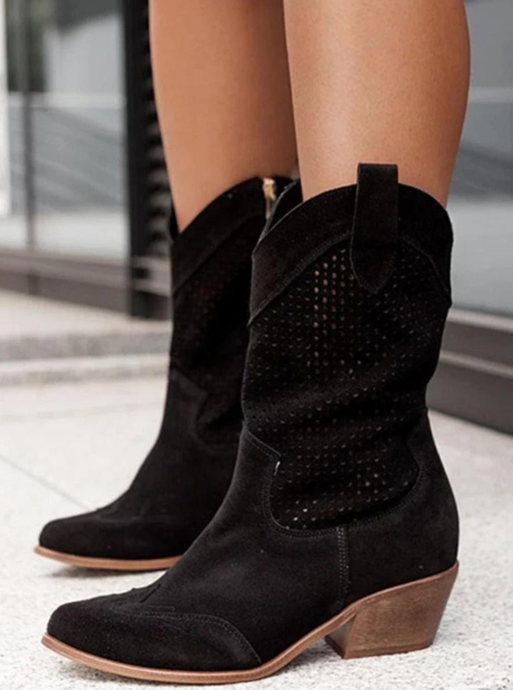 Women's Pointed Toe Perforated Suede Cowgirl Boots