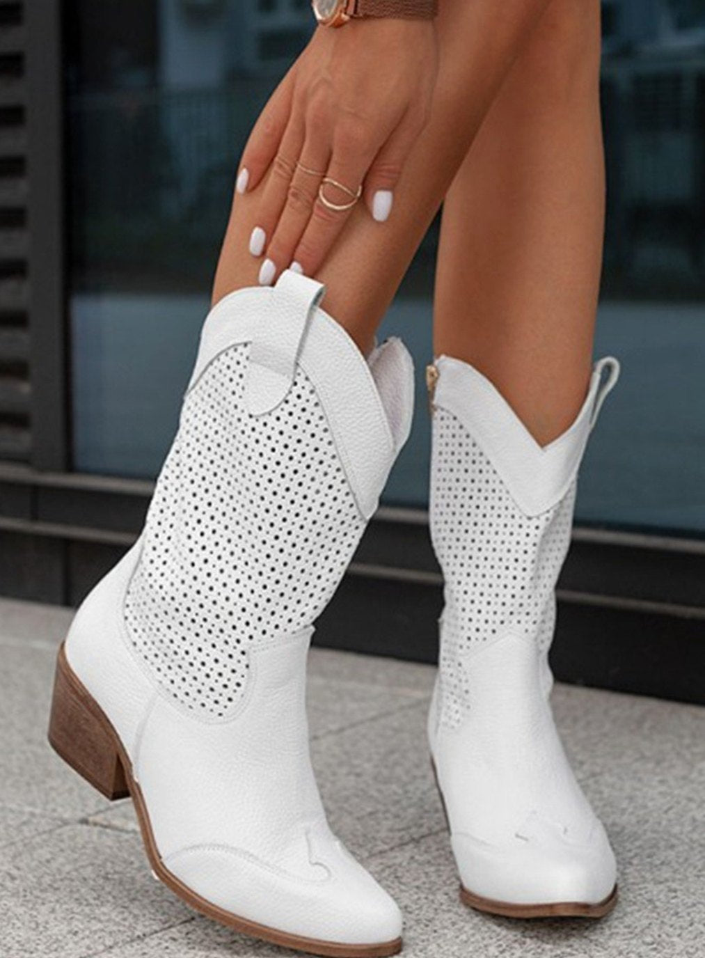 Women's Pointed Toe Perforated Suede Cowgirl Boots
