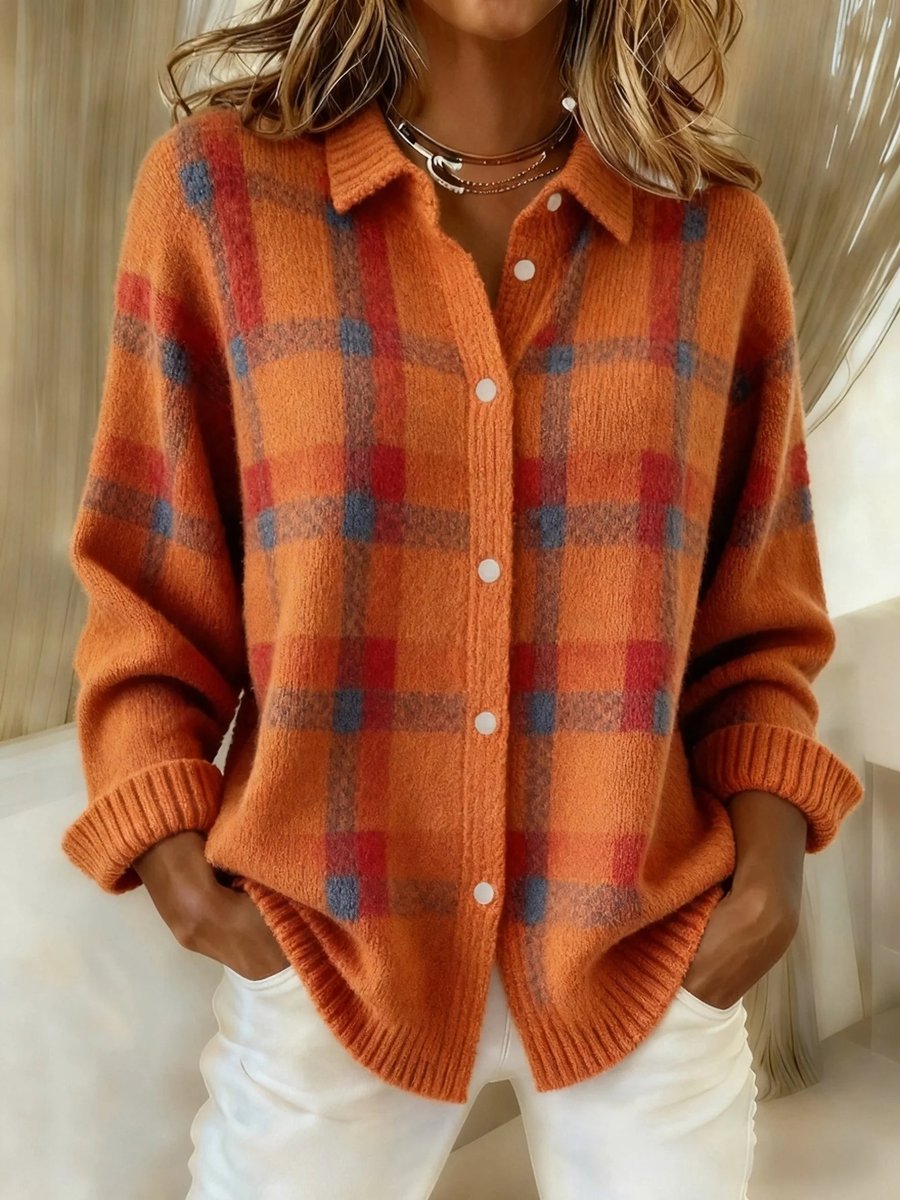Women's Oversized Plaid Knit Cardigan with Button Front