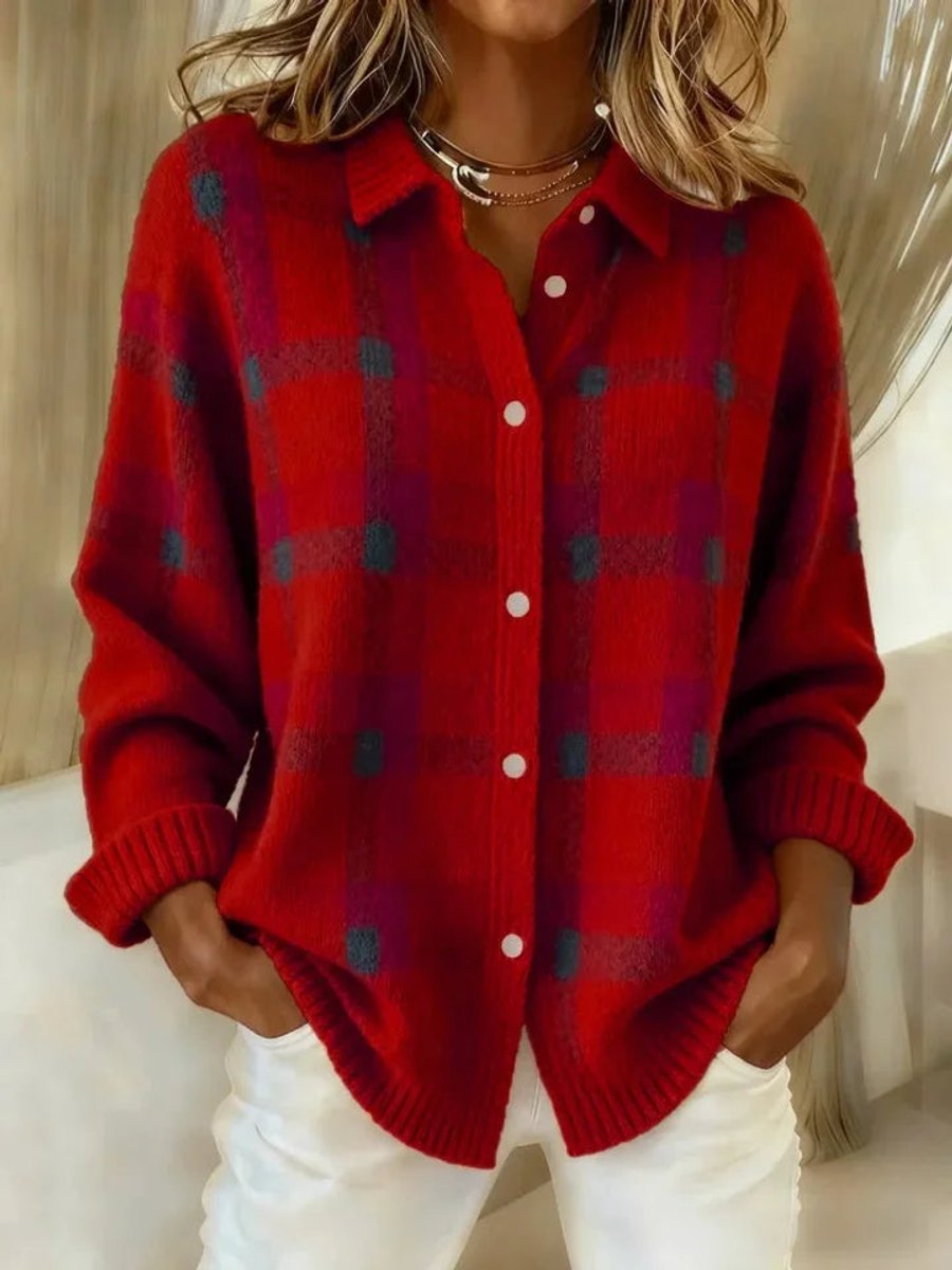 Women's Oversized Plaid Knit Cardigan with Button Front