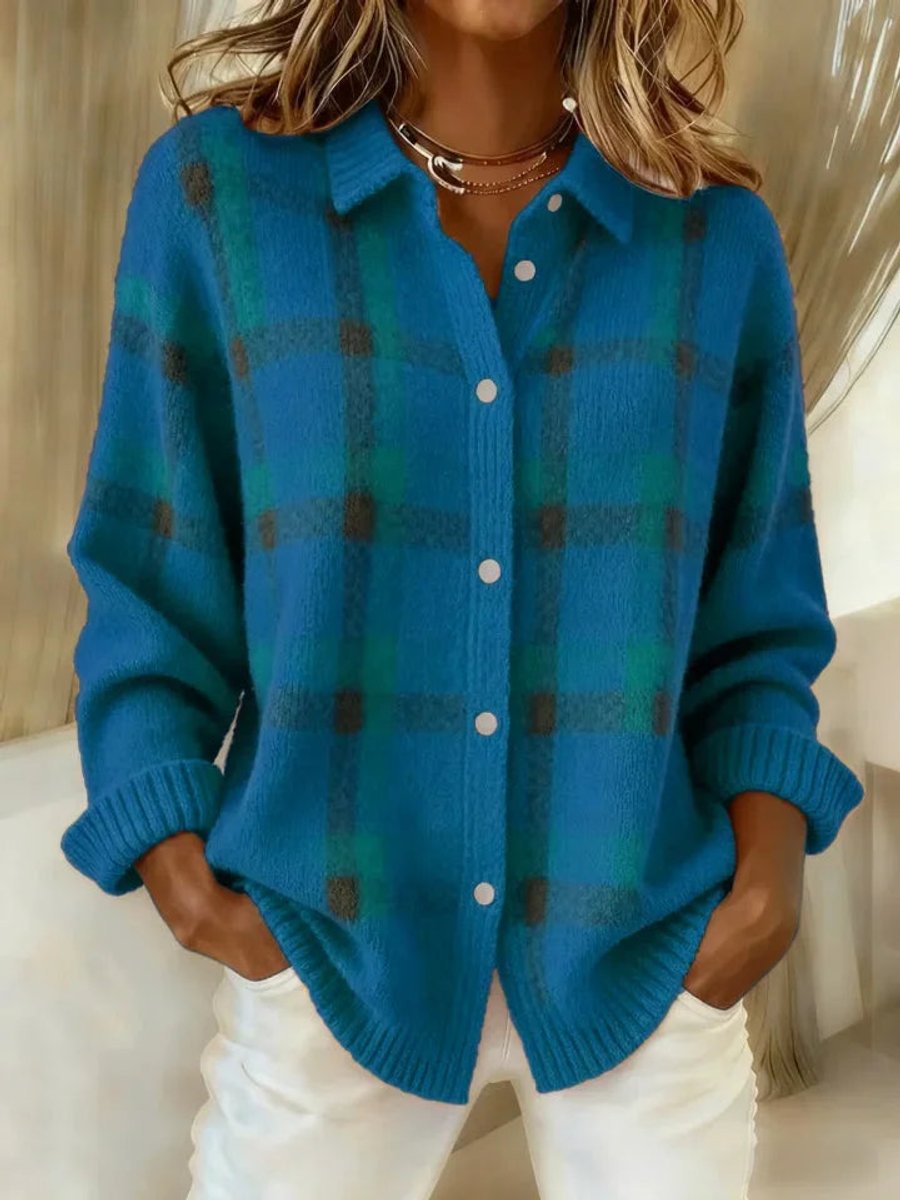 Women's Oversized Plaid Knit Cardigan with Button Front