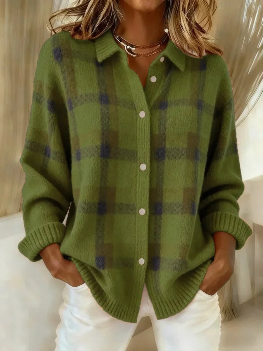 Women's Oversized Plaid Knit Cardigan with Button Front