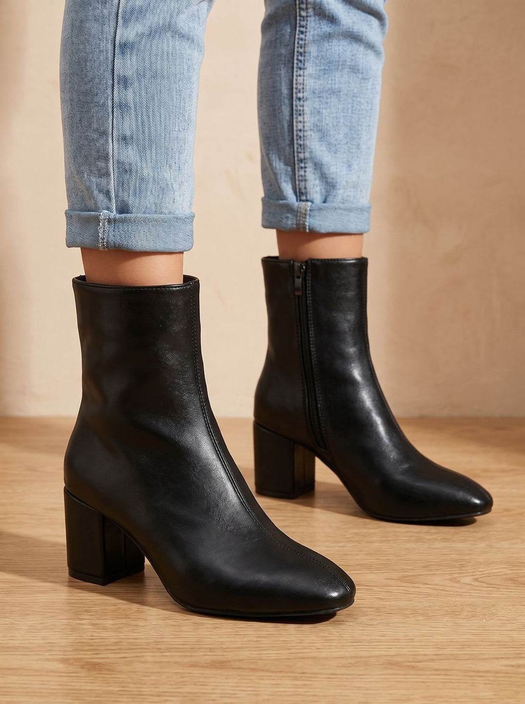 Women's Chunky Block Heel Pointed Toe Soft Faux Leather Booties