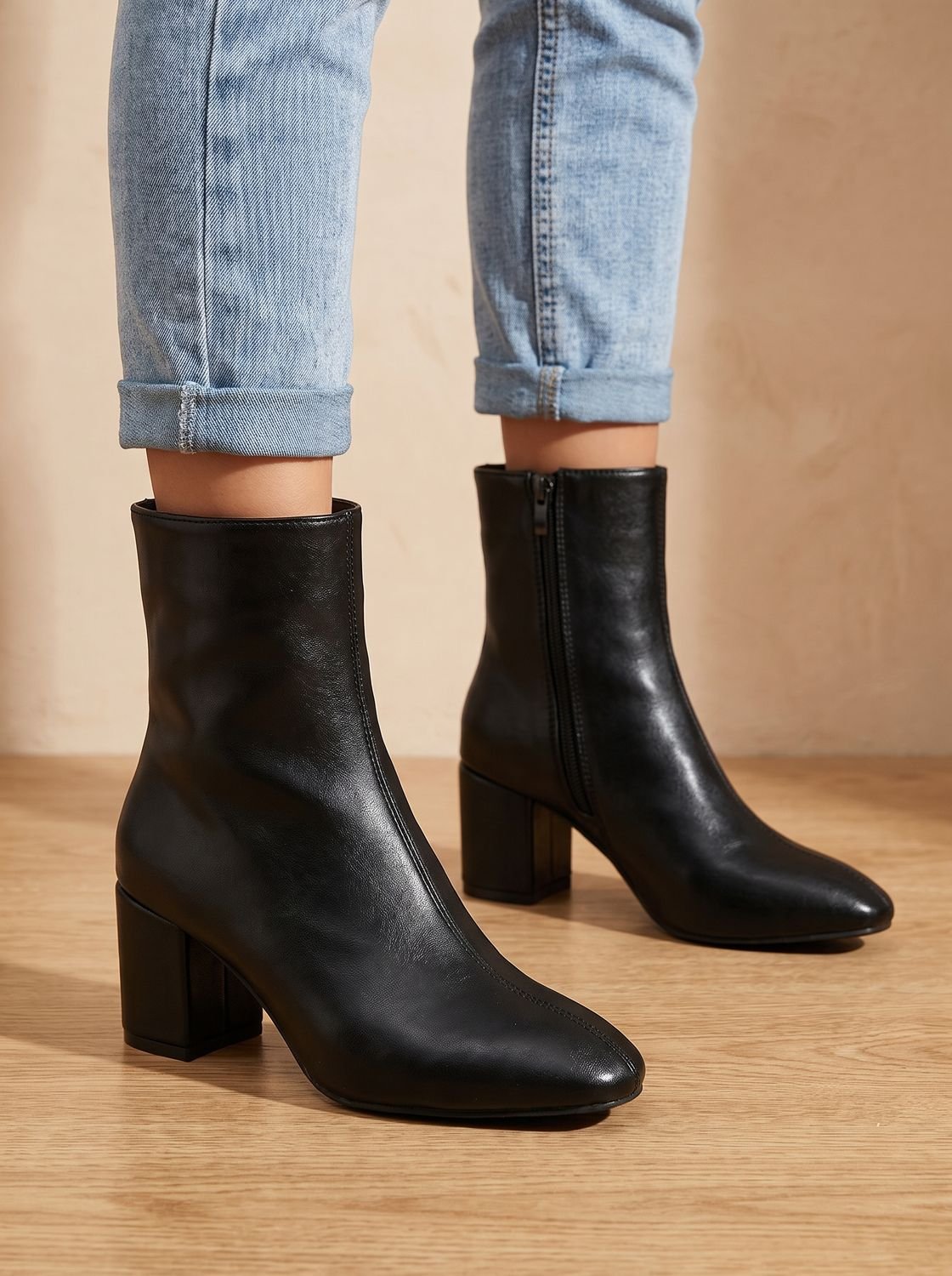 Women's Chunky Block Heel Pointed Toe Soft Faux Leather Booties