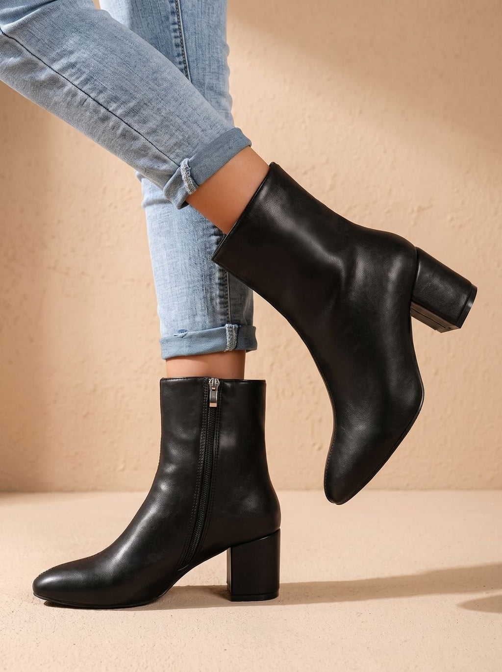 Women's Chunky Block Heel Pointed Toe Soft Faux Leather Booties
