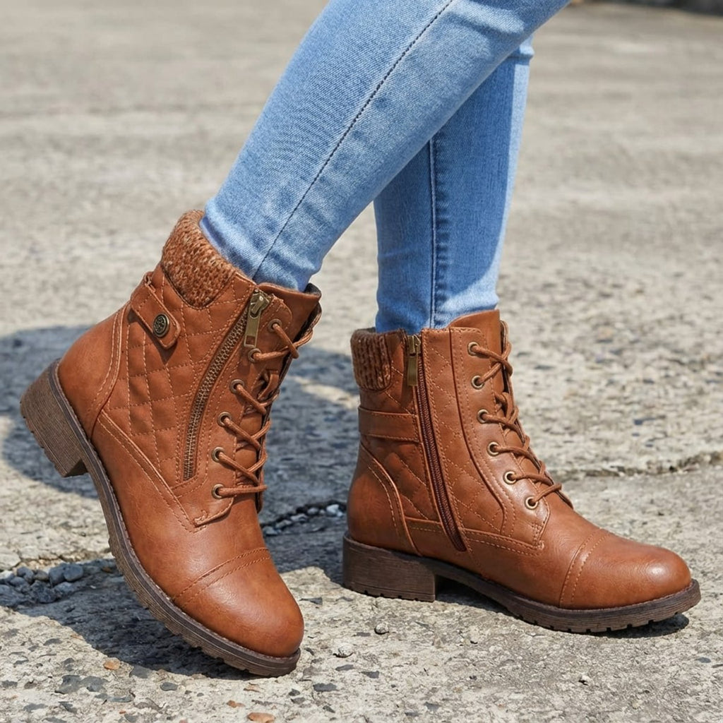 Women's Quilted Faux Leather Lace-Up Side Zip Booties