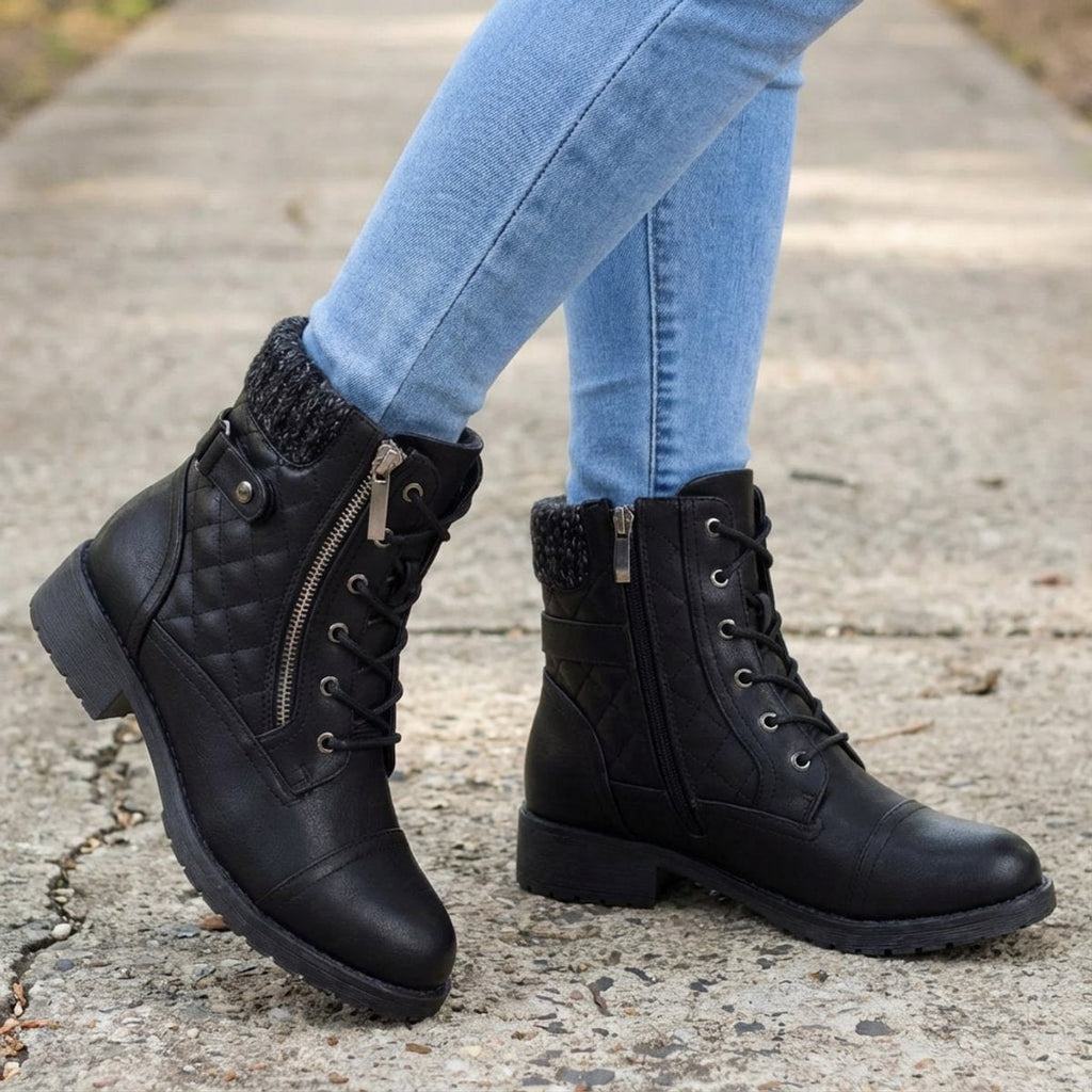 Women's Quilted Faux Leather Lace-Up Side Zip Booties