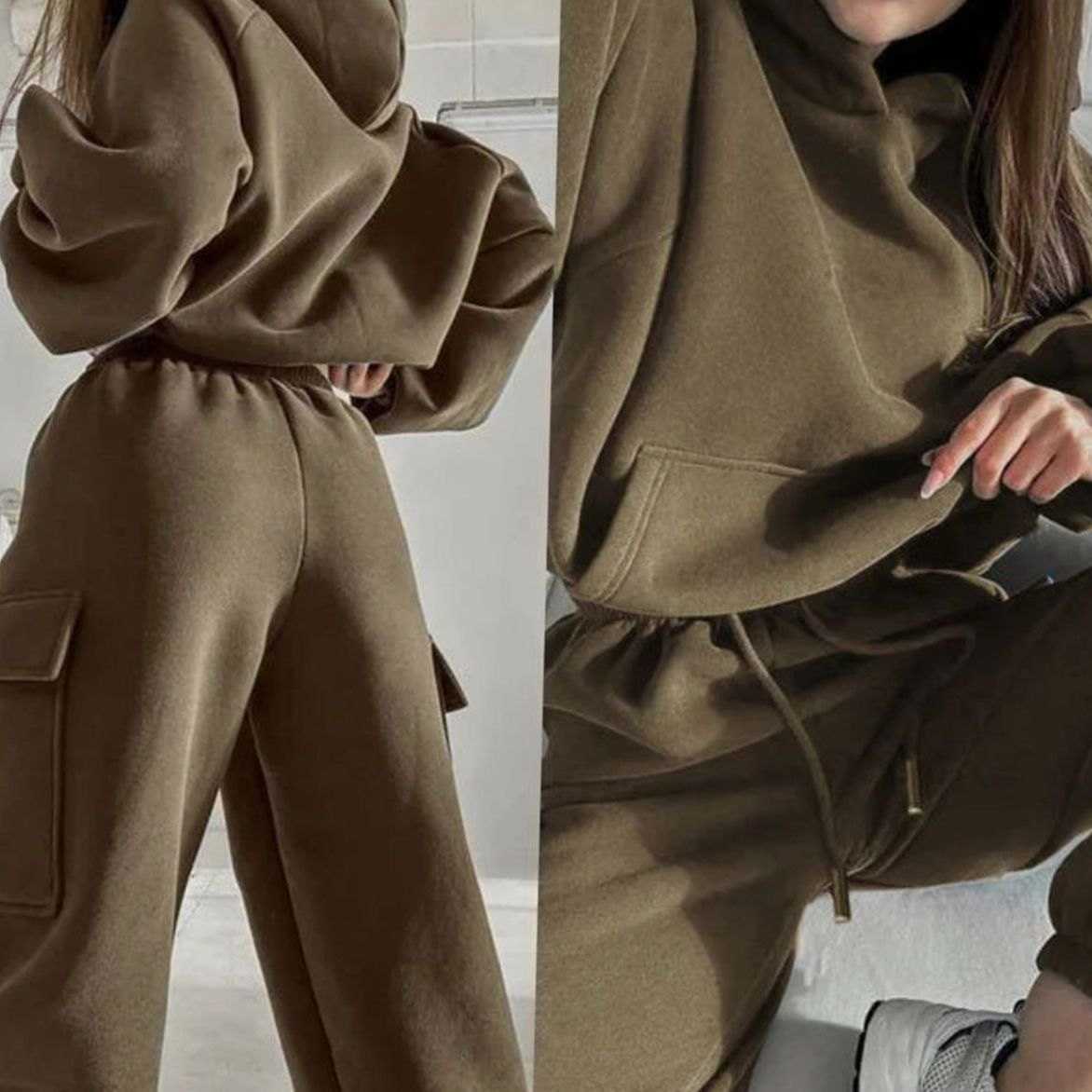 Women's Oversized Kangaroo Pocket Hoodie Cargo Jogger Set
