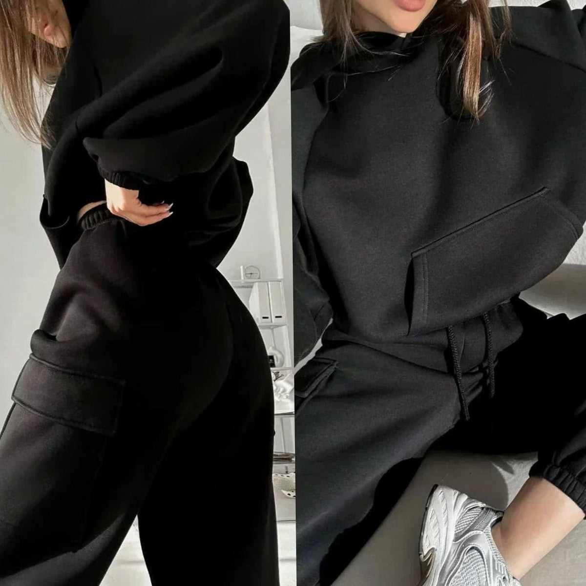 Women's Oversized Kangaroo Pocket Hoodie Cargo Jogger Set