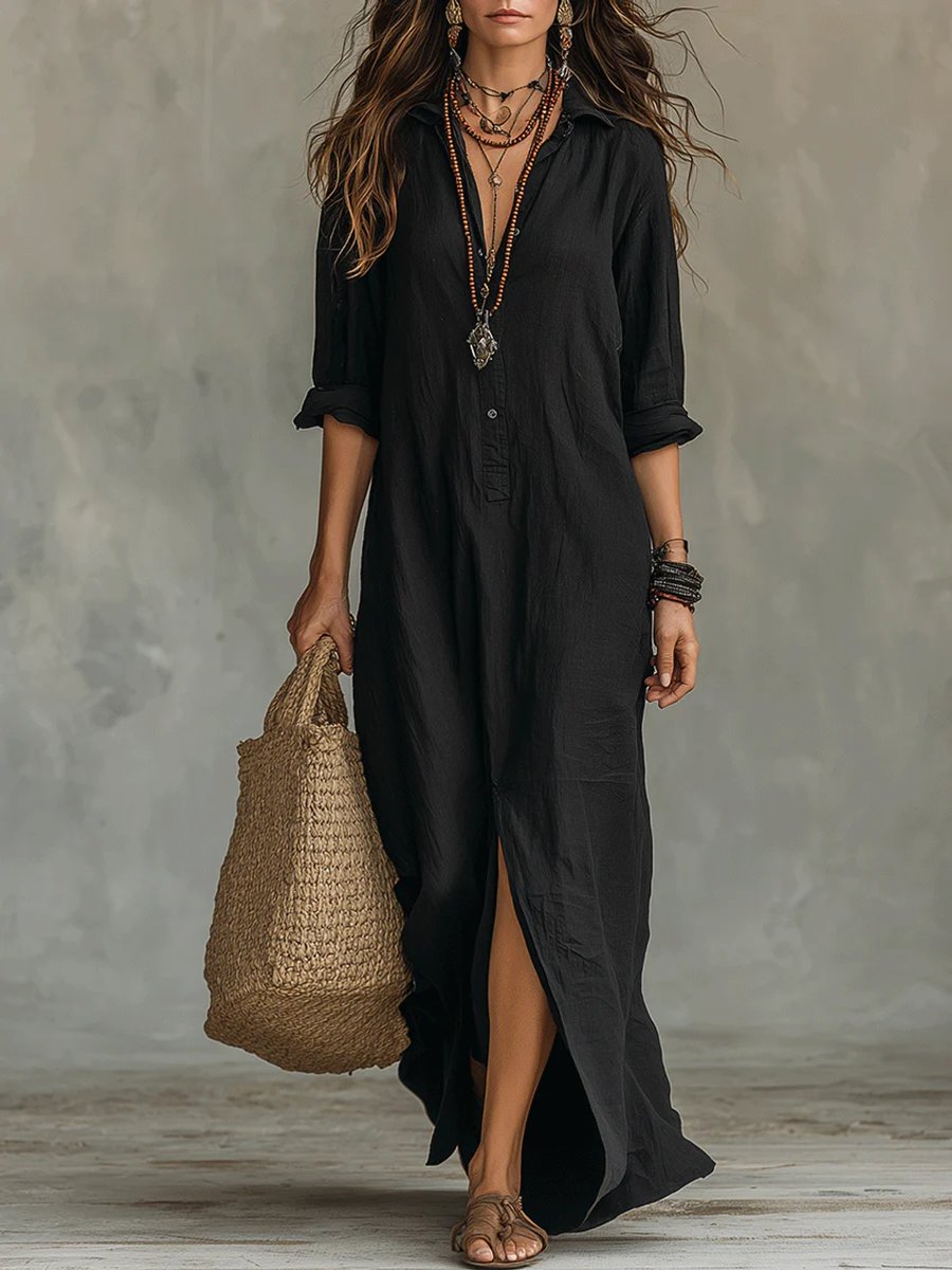 Women's Flowing Button-Front Relaxed Shirt Maxi Dress