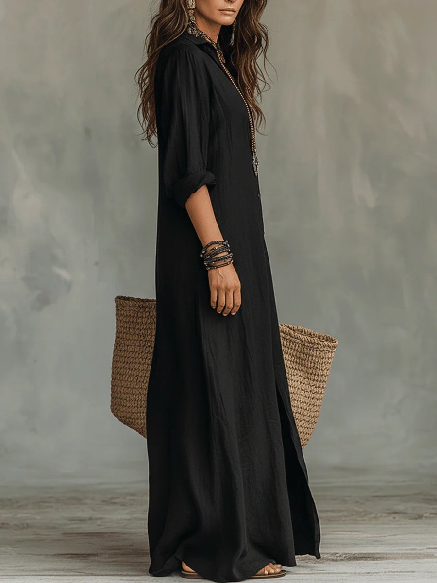 Women's Flowing Button-Front Relaxed Shirt Maxi Dress
