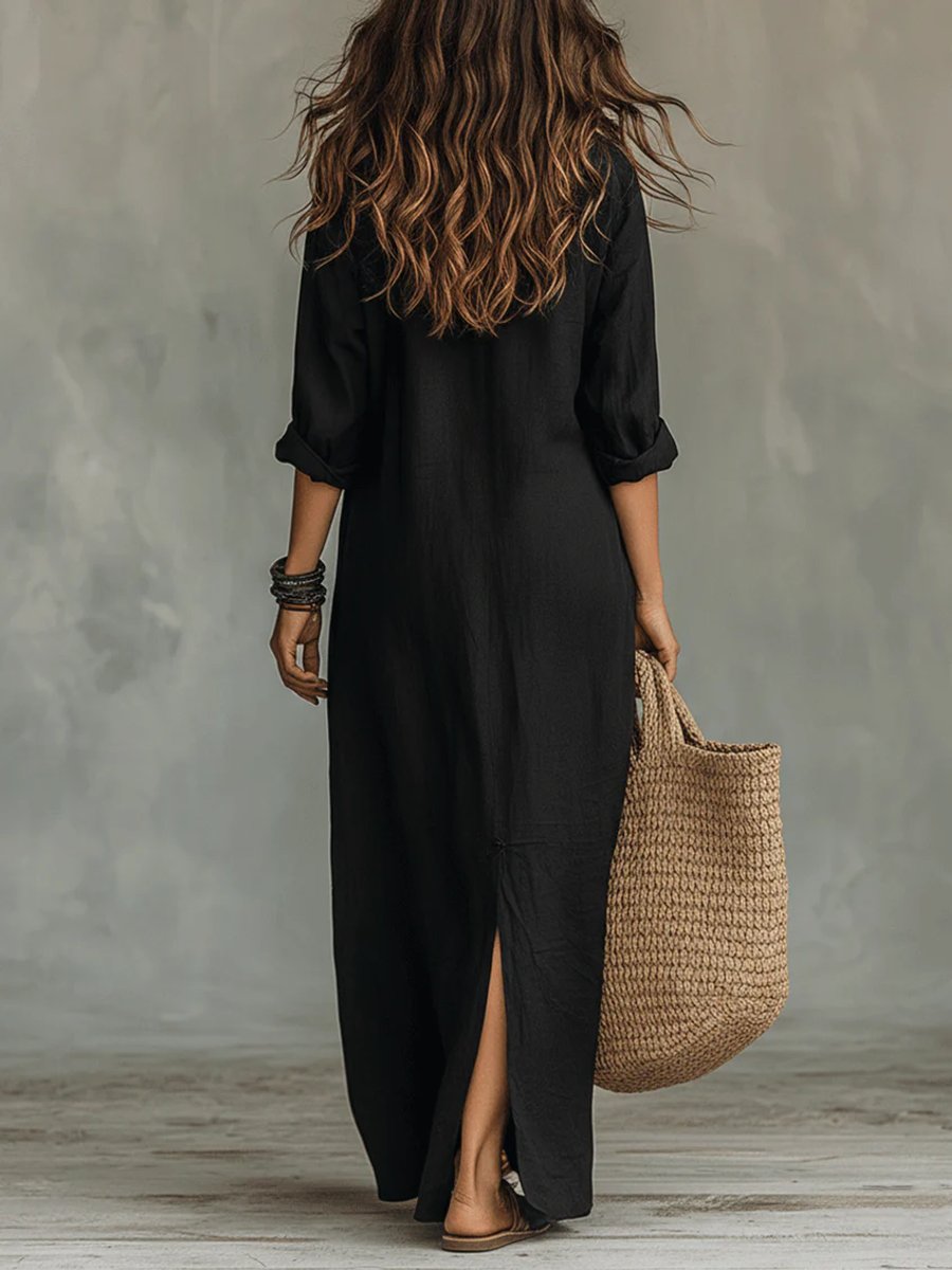 Women's Flowing Button-Front Relaxed Shirt Maxi Dress