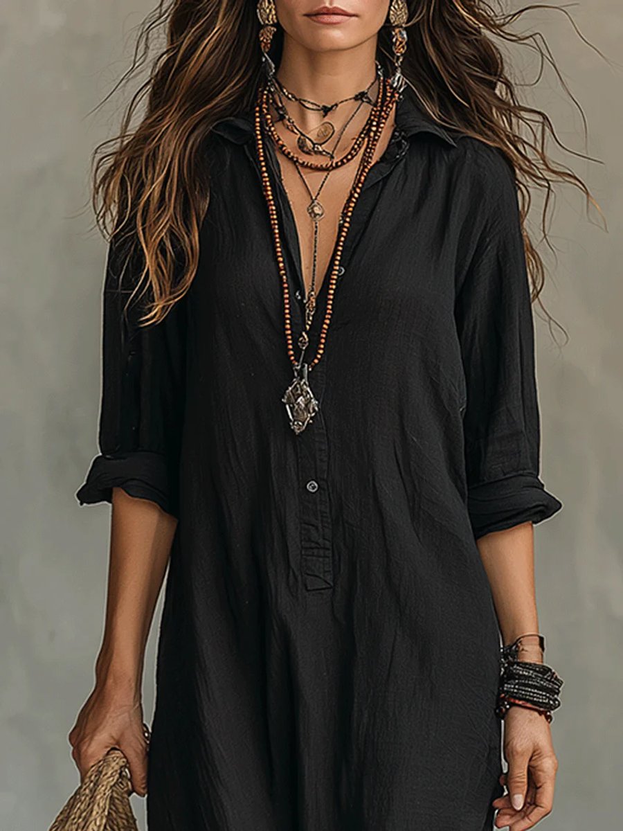 Women's Flowing Button-Front Relaxed Shirt Maxi Dress
