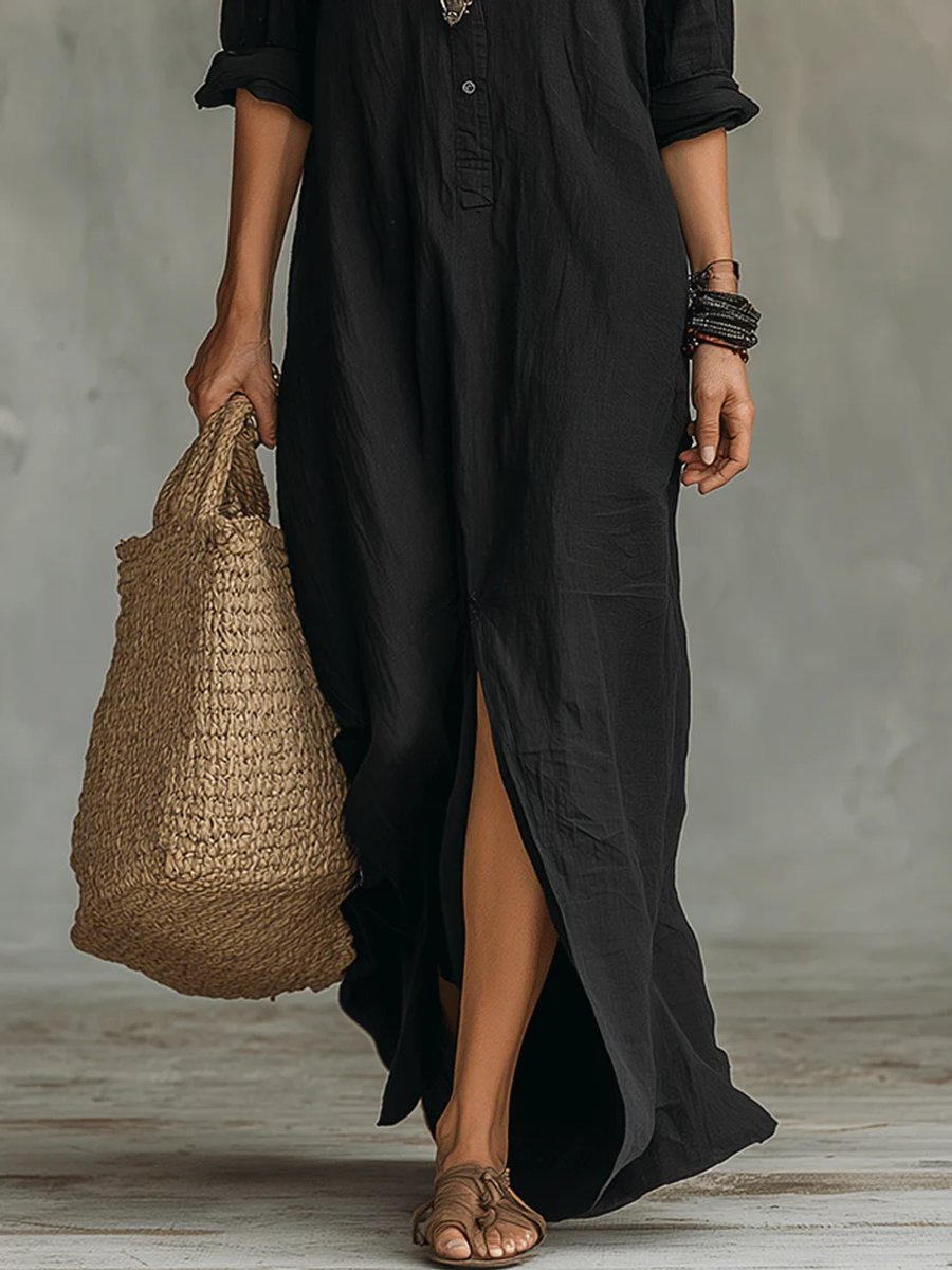 Women's Flowing Button-Front Relaxed Shirt Maxi Dress