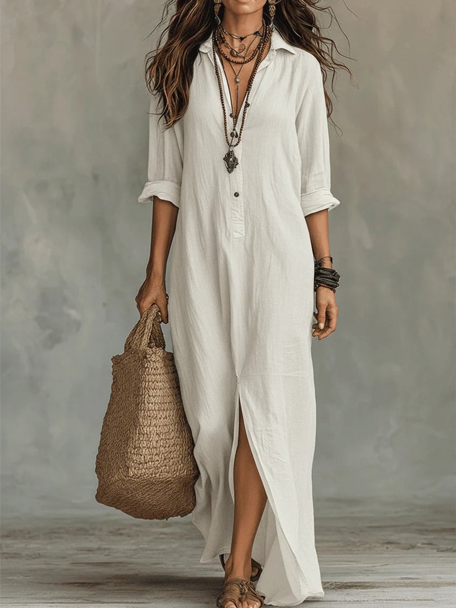 Women's Flowing Button-Front Relaxed Shirt Maxi Dress