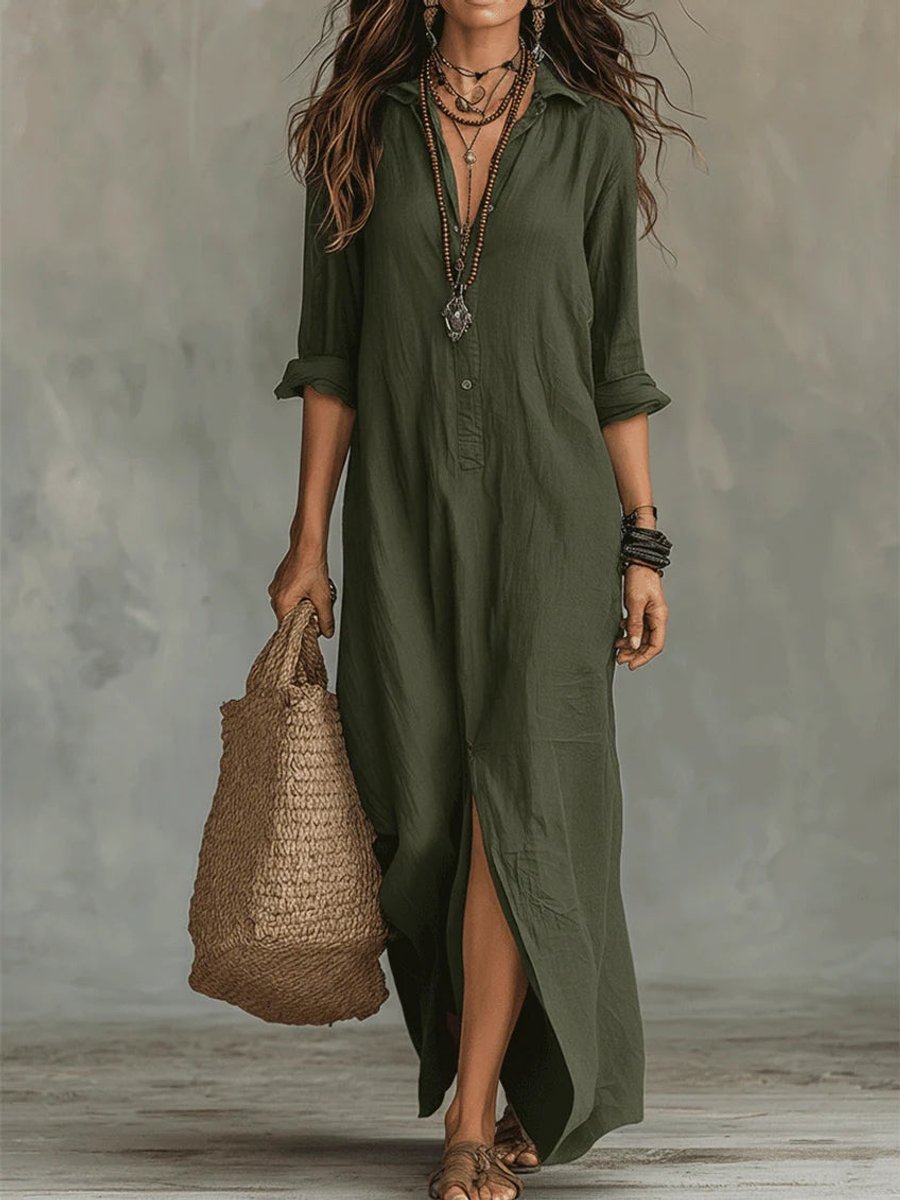 Women's Flowing Button-Front Relaxed Shirt Maxi Dress