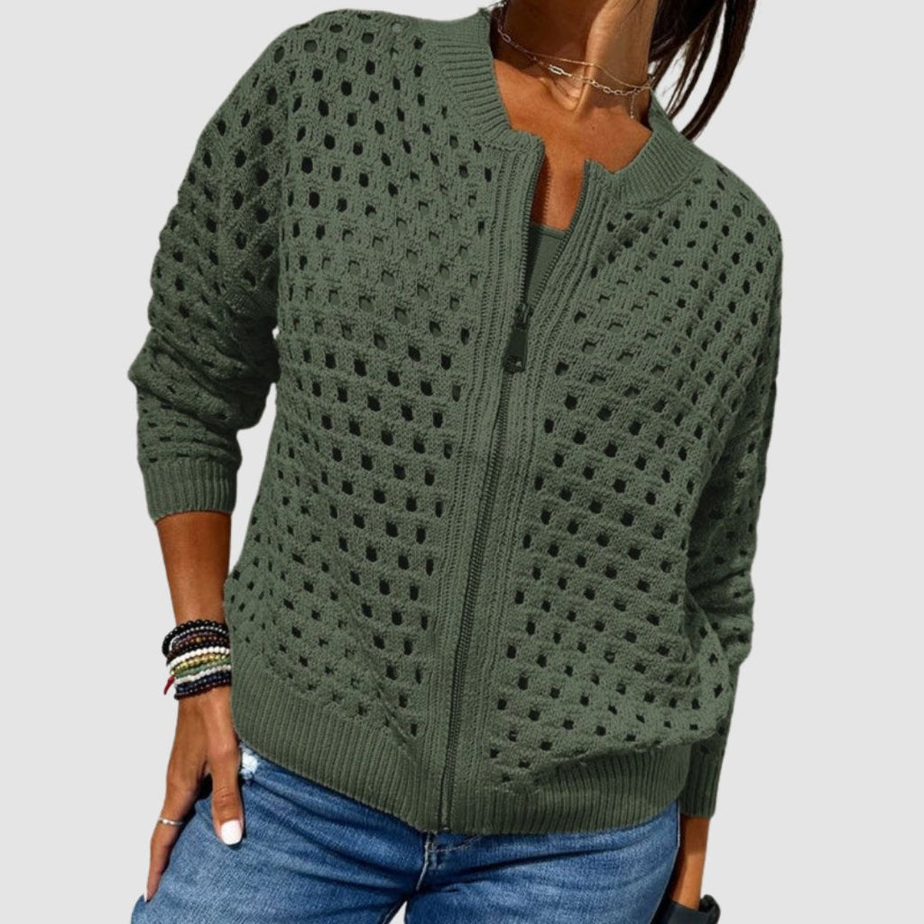 Women's Open Knit Relaxed Cardigan with Full Zip