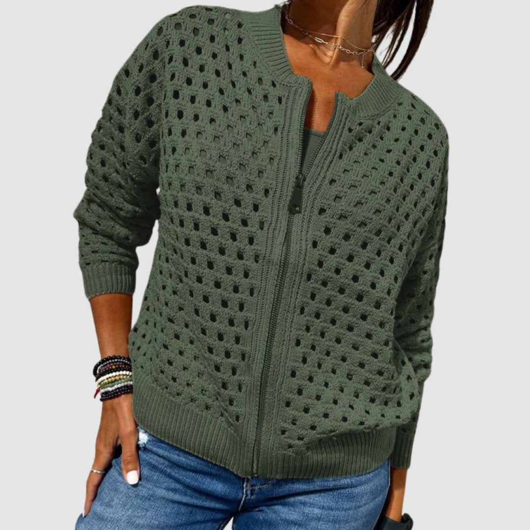 Women's Open Knit Relaxed Cardigan with Full Zip