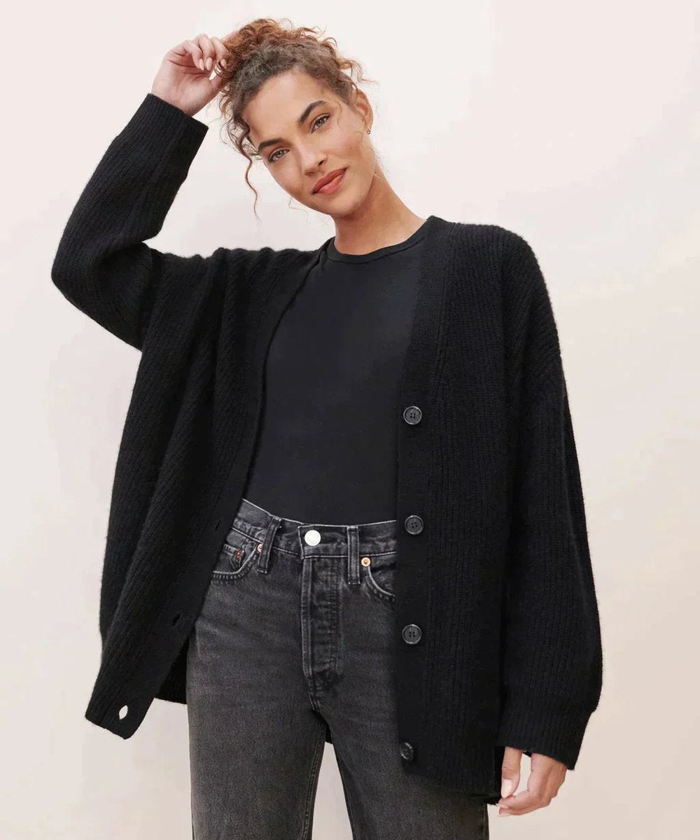 Women's Soft Fine Knit Relaxed V-Neck Button Cardigan