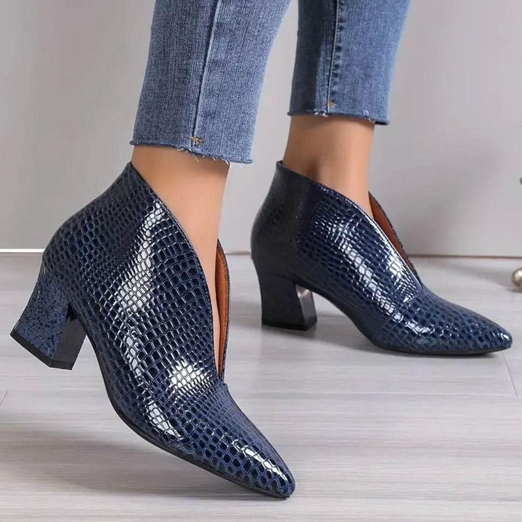Women's Pointed Toe Reptile Embossed V-Cut Ankle Booties