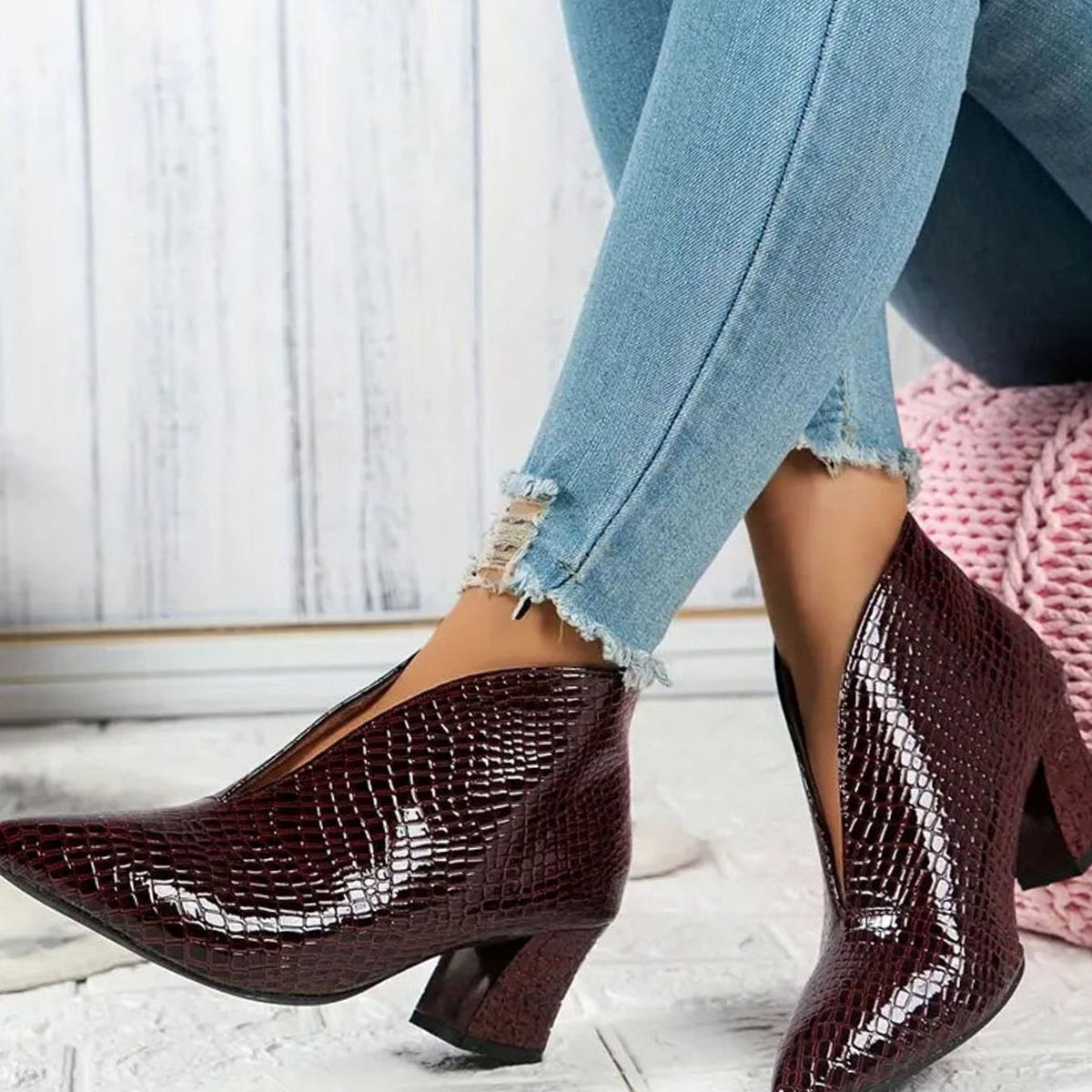 Women's Pointed Toe Reptile Embossed V-Cut Ankle Booties